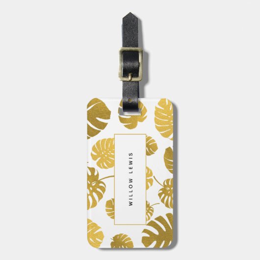 Étiquette À Bagage Monstère d'or moderne Feuille Tropical Motif (Devant Vertical)