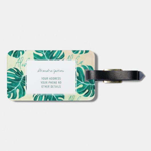 Étiquette À Bagage Monstère tropicale émeraude palmier vert feuille a (Dos horizontal)