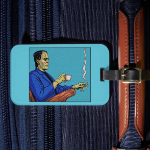Étiquette À Bagage Monstre de Frankenstein Pop Art buvant du thé en d