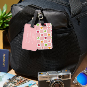 Étiquette À Bagage Motif à carreaux rose fleur rétro