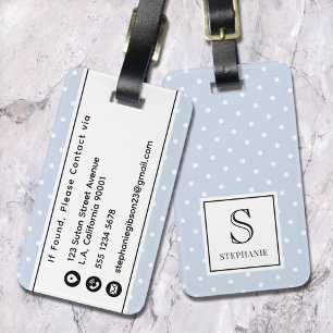 Étiquette À Bagage Motif à pois blancs Monogramme & Nom Bleu pâle