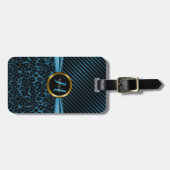 Étiquette À Bagage Motif animal de léopard bleu - monogramme (Devant horizontal)