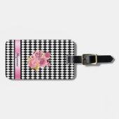 Étiquette À Bagage Motif arlequin noir blanc avec Roses et nom (Devant horizontal)