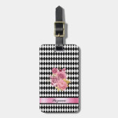 Étiquette À Bagage Motif arlequin noir blanc avec Roses et nom (Devant Vertical)