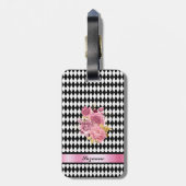 Étiquette À Bagage Motif arlequin noir blanc avec Roses et nom (Dos Vertical)
