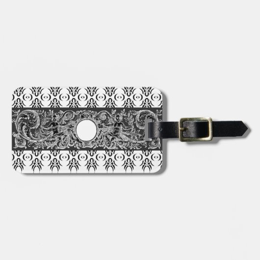 Étiquette À Bagage Motif baroque noir classique à customiser (Devant horizontal)