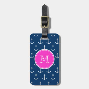 Étiquette À Bagage Motif blanc d'Ancres de bleu marine, monogramme de