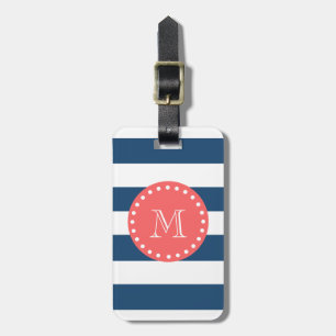 Étiquette À Bagage Motif blanc de rayures de bleu marine, monogramme