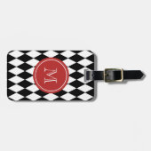 Étiquette À Bagage Motif blanc noir de harlequin, monogramme rouge (Devant horizontal)