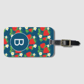 Étiquette À Bagage Motif bleu fraise et fleur Monogramme (Devant Horizontal)