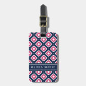 Étiquette À Bagage Motif bleu rose Ikat Mod avec nom (Devant Vertical)