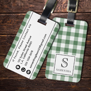 Étiquette À Bagage Motif carreaux vert et blanc avec monogramme noir