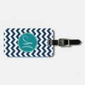 Étiquette À Bagage Motif Chevron avec Monogram - Marine Turquoise (Devant horizontal)