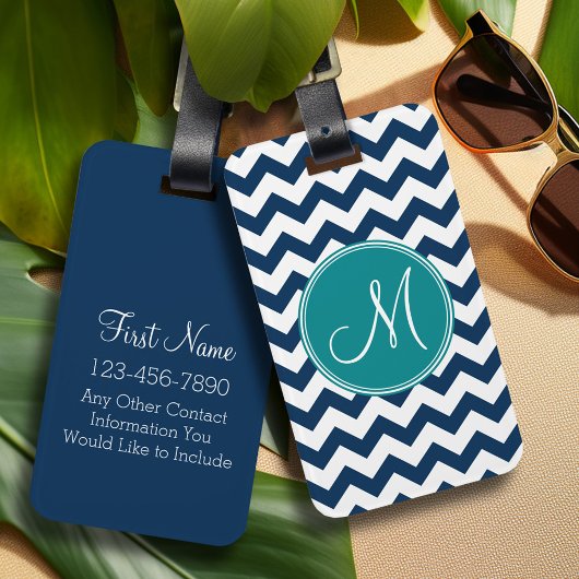 Étiquette À Bagage Motif Chevron avec Monogram - Marine Turquoise