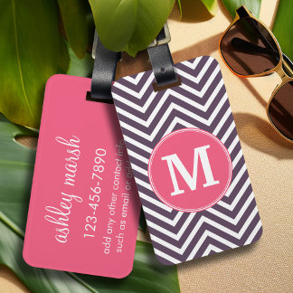 Étiquette À Bagage Motif Chevron avec Monogramme - rose violet