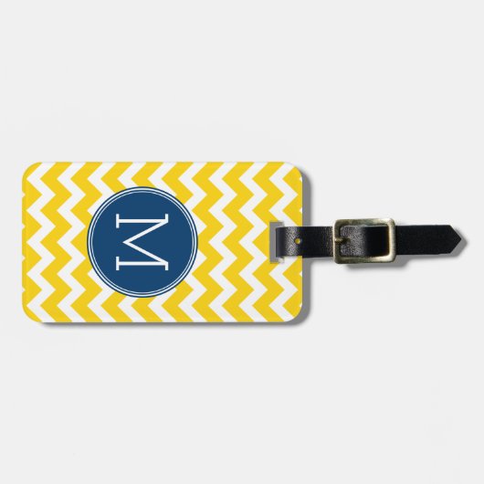 Étiquette À Bagage Motif Chevron jaune et bleu avec Monogramme (Devant horizontal)