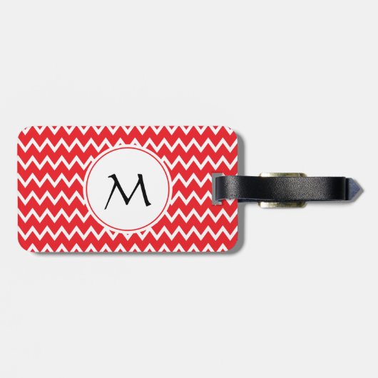 Étiquette À Bagage Motif Chevron rouge et blanc monogramme (Dos horizontal)
