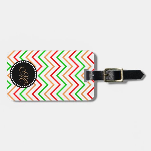 Étiquette À Bagage Motif Chevron vert rose orange avec Monogramme (Devant horizontal)