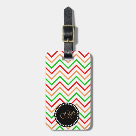 Étiquette À Bagage Motif Chevron vert rose orange avec Monogramme (Devant Vertical)