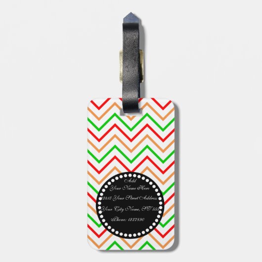 Étiquette À Bagage Motif Chevron vert rose orange avec Monogramme (Dos Vertical)