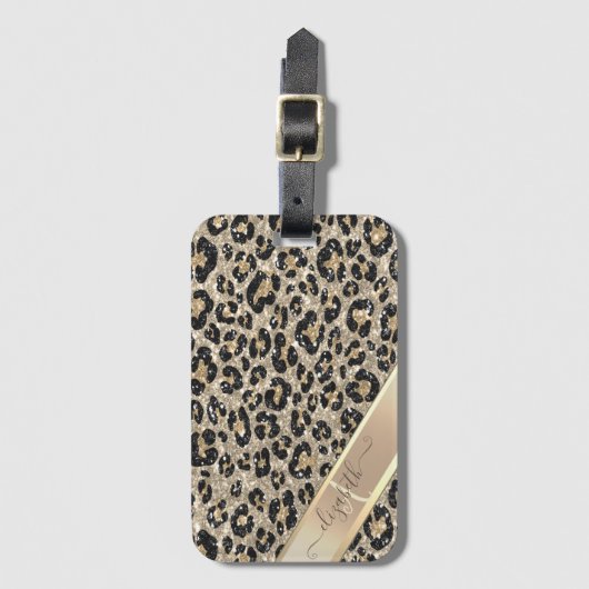 Étiquette À Bagage Motif chic léopard pailleté monogramme (Devant Vertical)