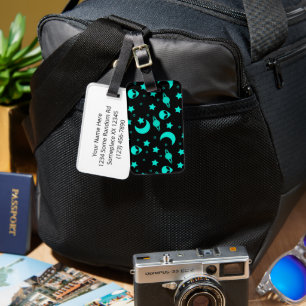 Étiquette À Bagage Motif d'alien turquoise avec étoiles et lunes