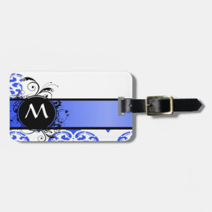 Étiquette À Bagage Motif damassé bleu et monogramme