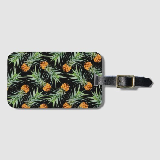 Étiquette À Bagage Motif d'ananas tropical sur noir (Devant Horizontal)