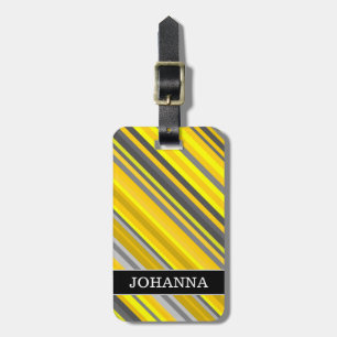 Étiquette À Bagage Motif de bandes jaunes et grises + Nom personnalis