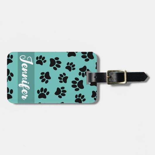 Étiquette À Bagage Motif de chien noir sur Turquoise (Devant horizontal)