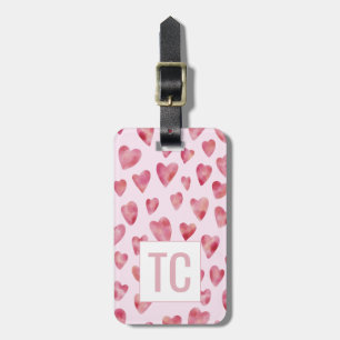Étiquette À Bagage Motif de cœur à motif aquarelle rose monogrammé