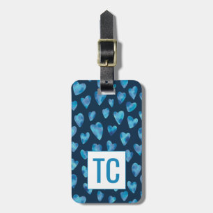 Étiquette À Bagage Motif de cœur d'amour à aquarelle bleue monogrammé