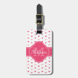 Étiquette À Bagage Motif de coeur rose et blanc avec Monogramme