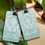 Étiquette À Bagage Motif de Damas Vintage bleu glace avec finition gr<br><div class="desc">Un motif vintage avec tableau de bord et dentelle. Regardez de près les fleurs et les feuilles.Un design tendance avec les couleurs de bijoux et l'élégance. Les éléments sont plus faciles à customiser lorsque vous remplacez tout le texte et les photos en premier. Si votre art doit encore être ajusté,...</div>