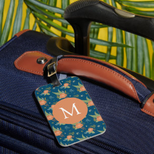Étiquette À Bagage Motif de fleur de pêche vintage monogramme bleu fo