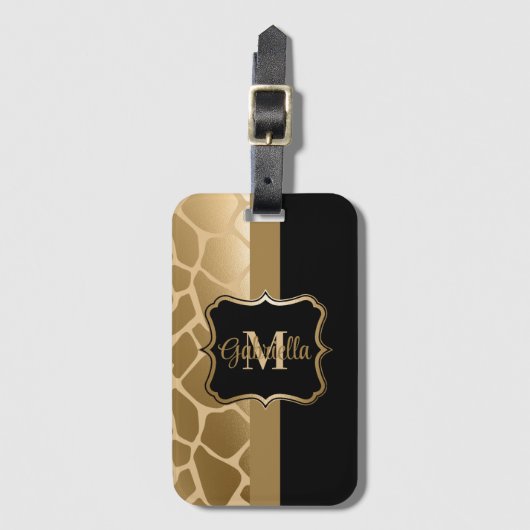 Étiquette À Bagage Motif de girafe noire et dorée (Devant Vertical)