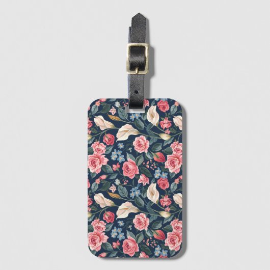 Étiquette À Bagage Motif de jardin floral bleu marine romantique (Devant Vertical)