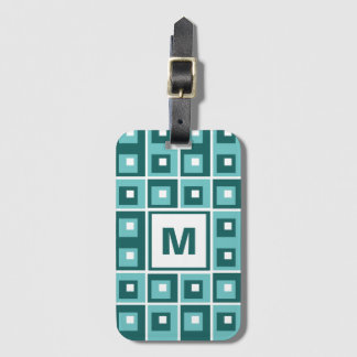 Étiquette À Bagage Motif de monogramme à carrés géométriques bleus ré