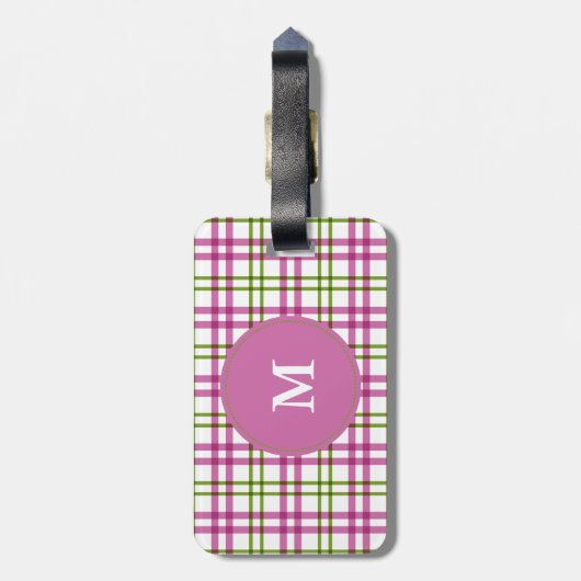Étiquette À Bagage Motif de monogramme rose et vert Tartan (Dos Vertical)