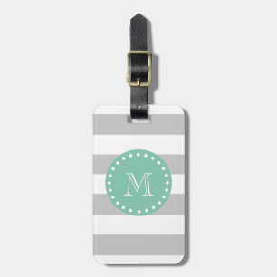 Étiquette À Bagage Motif de rayures de blanc gris, monogramme vert en