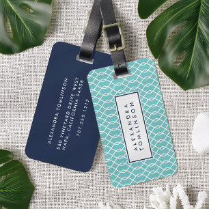 Étiquette À Bagage Motif de treillis Aqua et Navy