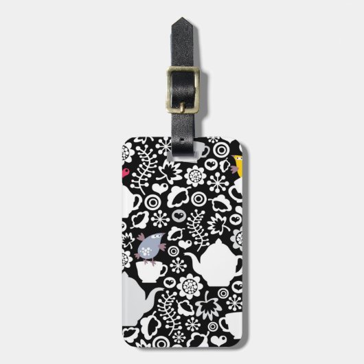 Étiquette À Bagage Motif d'oiseaux et de tasses (Devant Vertical)