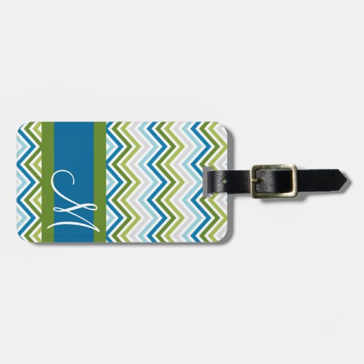 Étiquette À Bagage Motif Emerald & Blue Chevron avec Monogram (Devant horizontal)