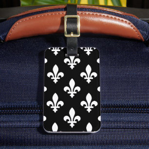 Étiquette À Bagage Motif Fleur de Lis, Royal Français, Blanc sur Noir