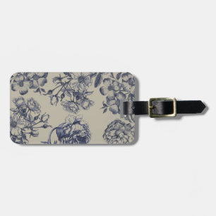 Étiquette À Bagage Motif floral botanique toile bleue vintage antique
