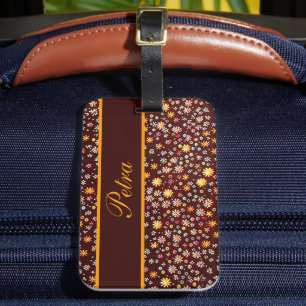 Étiquette À Bagage Motif floral brun orange