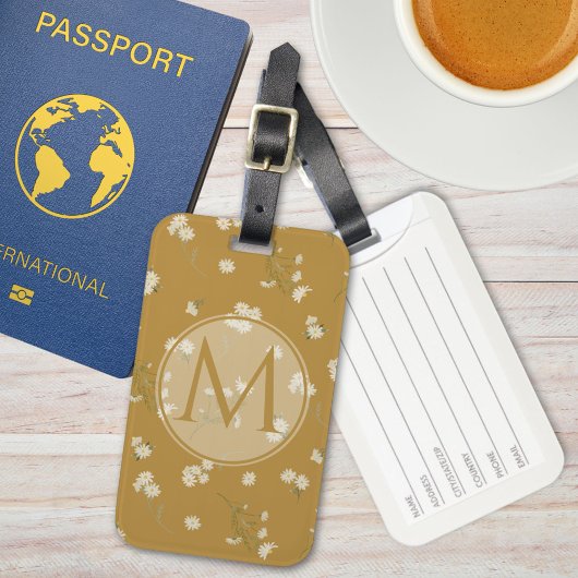 Étiquette À Bagage Motif floral de marguerite blanche monogramme