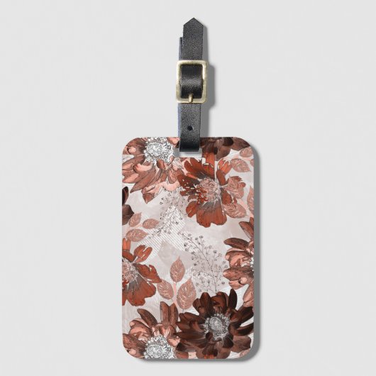 Étiquette À Bagage Motif floral gris-marron. (Devant Vertical)