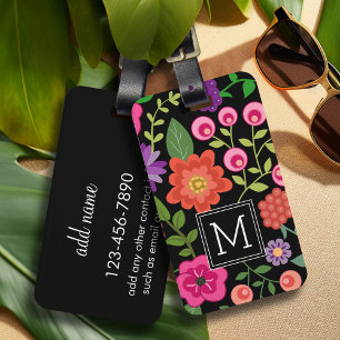 Étiquette À Bagage Motif floral noir tendance avec Monogramme personn