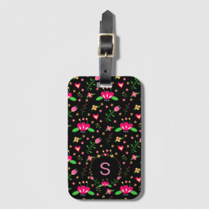 Étiquette À Bagage Motif floral personnalisé sur monogramme noir